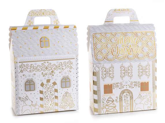 Boîte en papier maison avec poignée et décorations dorées br