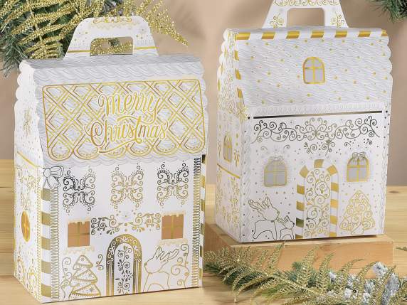 Boîte en papier maison avec poignée et décorations dorées br