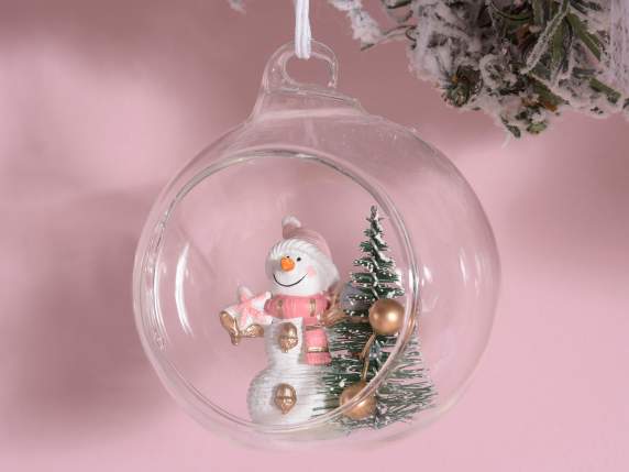 Boule en verre avec bonhomme de neige en résine à suspendre