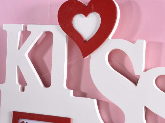 Cadre photo double en bois avec écriture Kiss et coeur à acc
