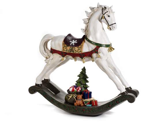 Cheval à bascule en résine avec arbre et cadeaux