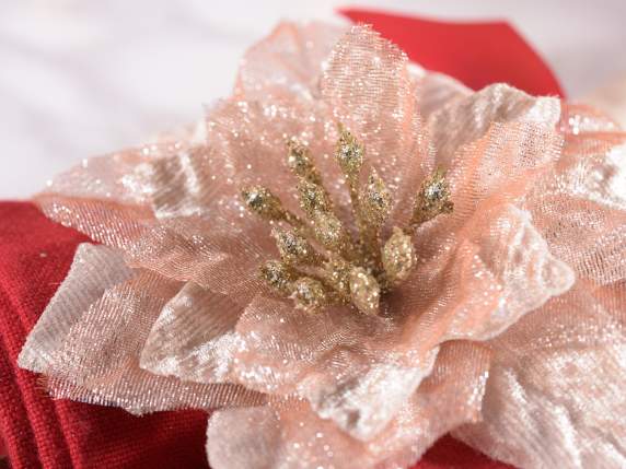 Poinsettia champagne avec paillettes dorées et clip en métal