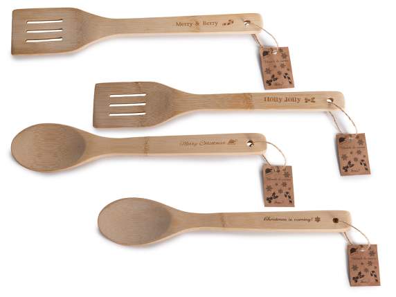 Ustensile en bois de bambou avec inscriptions de Noël