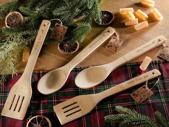 Ustensile en bois de bambou avec inscriptions de Noël