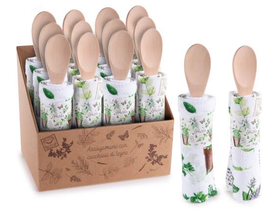 Torchon en coton avec imprimé dherbes et cuillère en bois
