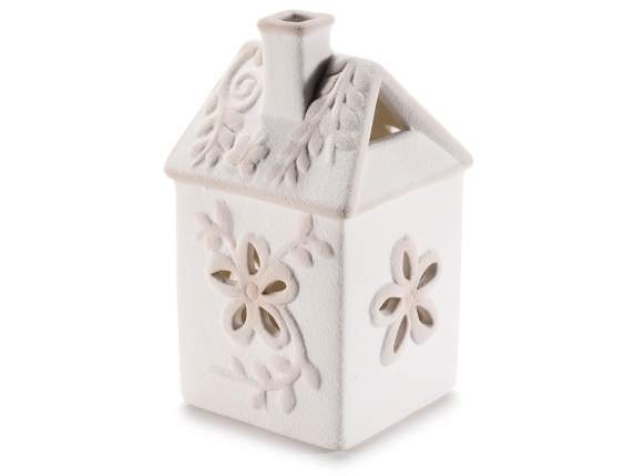 Maison en porcelaine avec fleurs en relief et lumières LED