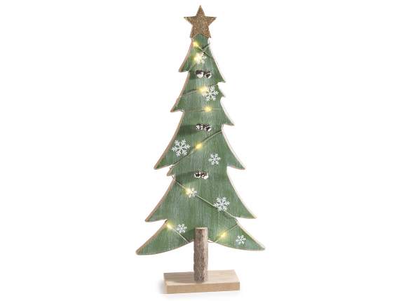 Arbre en bois coloré avec cloches, étoile et lumières LED