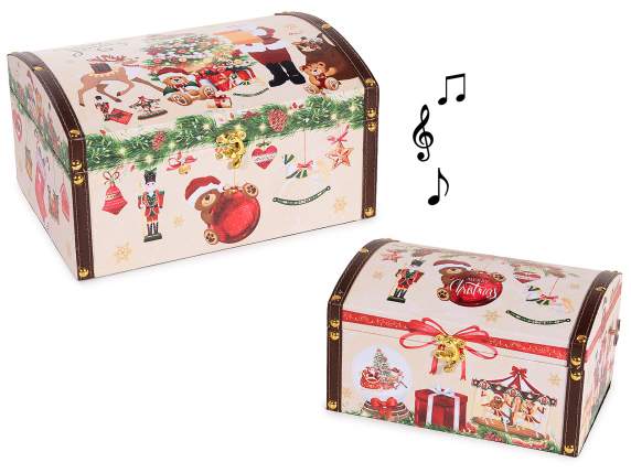 Lot de 2 boîtes de Noël en bois doublé, boîte à musique
