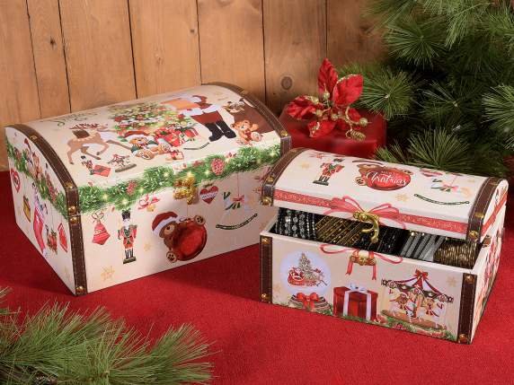 Lot de 2 boîtes de Noël en bois doublé, boîte à musique