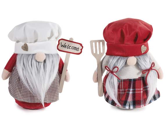 Nain de jardin en tissu avec toque de chef et accessoires
