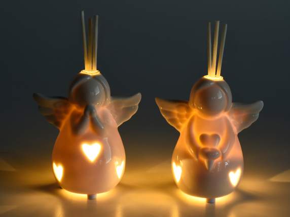 Ange en porcelaine avec lumières LED et bâtonnet parfumé