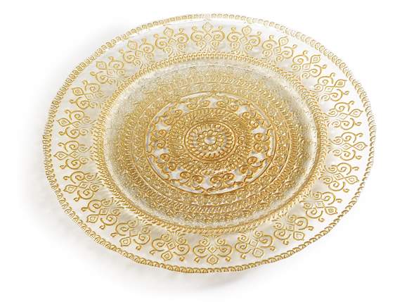 Assiette ronde en verre décorée deffets de broderie dorée