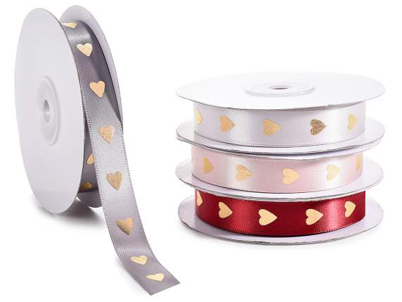 Ruban satin 15 mm avec imprimé coeur doré