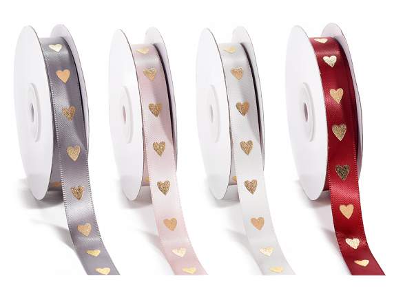 Ruban satin 15 mm avec imprimé coeur doré
