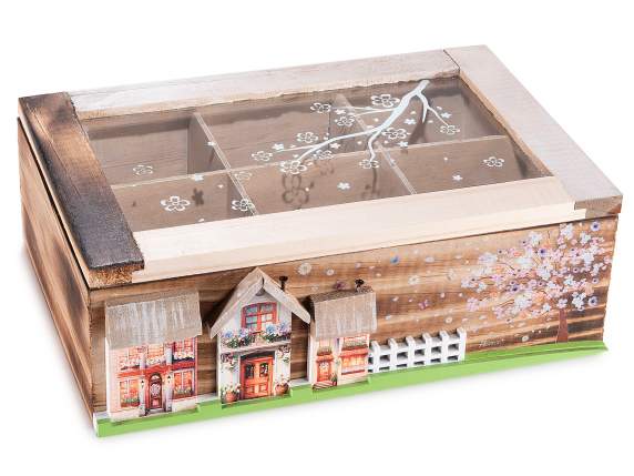 Boîte à thé-épices en bois et verre 6 compartiments