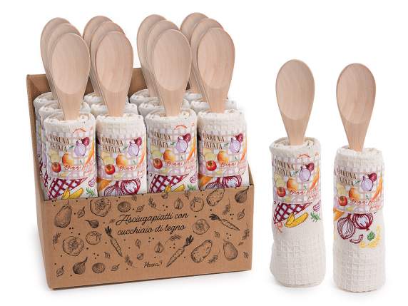 Torchon en coton brodé avec cuillère en bois