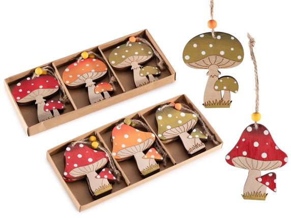 Boite de 6 décorations champignons en bois à suspendre