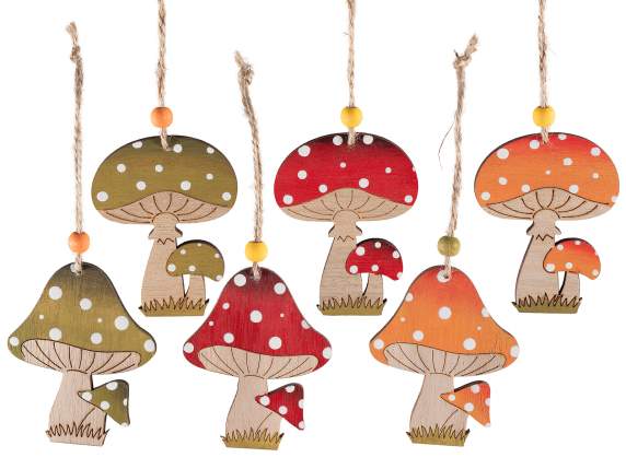 Boite de 6 décorations champignons en bois à suspendre