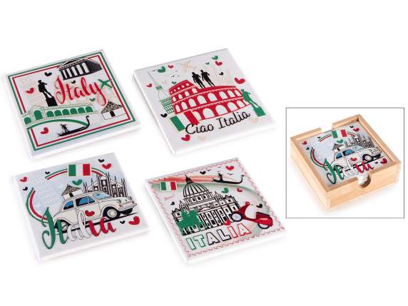 Coffret bois 4 sous-verres en céramique imprimé Italie