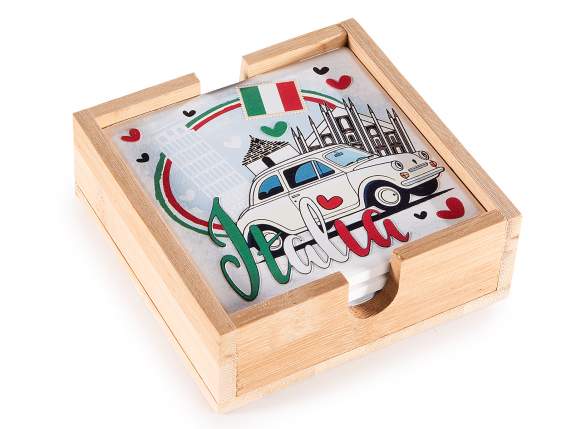 Coffret bois 4 sous-verres en céramique imprimé Italie