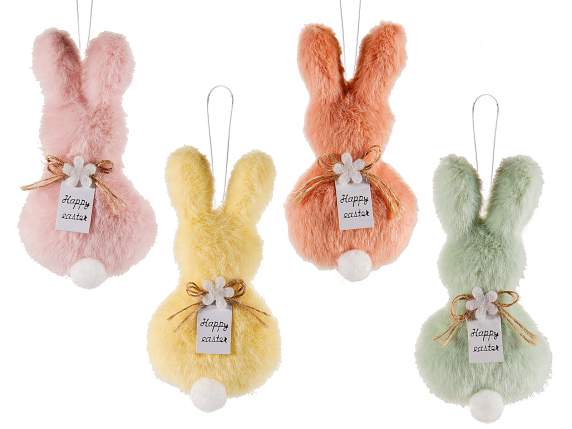 Lapin Joyeuses Pâques en éco-fourrure douce à suspendre