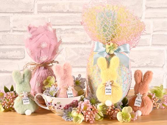 Lapin Joyeuses Pâques en éco-fourrure douce à suspendre