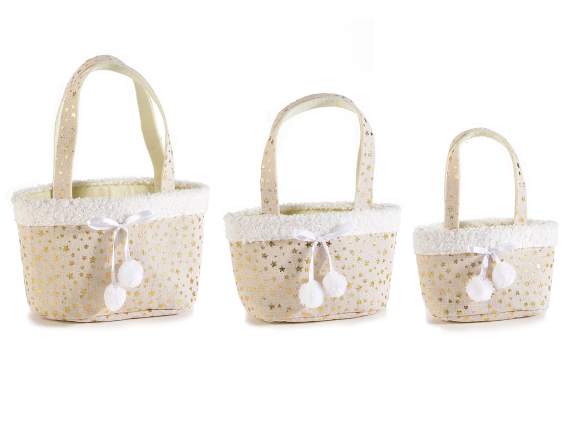 Lot de 3 sacs en tissu avec décorations dorées et pompons