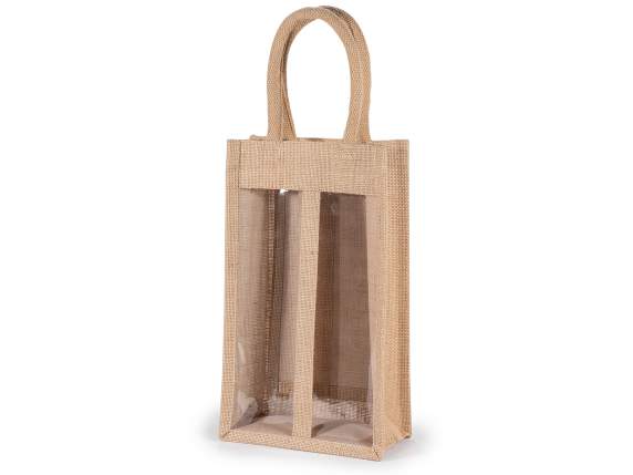Sac à bouteilles double en jute avec fenêtre et poignées
