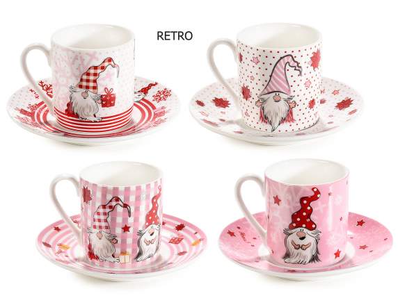 Tasse à café en porcelaine décor Pink Gnome et soucoupe