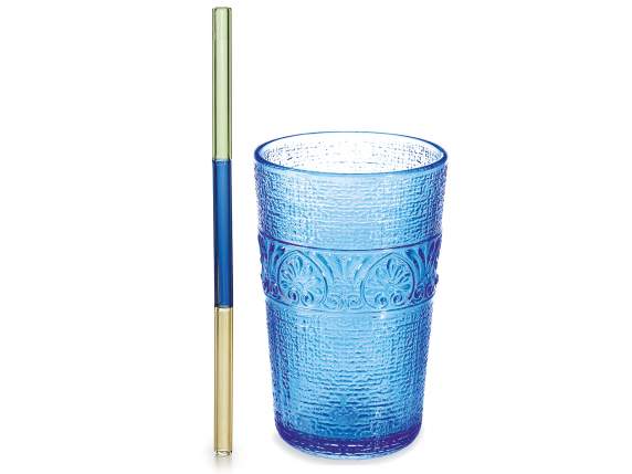 Gobelet en verre bleu de 350 ml avec paille