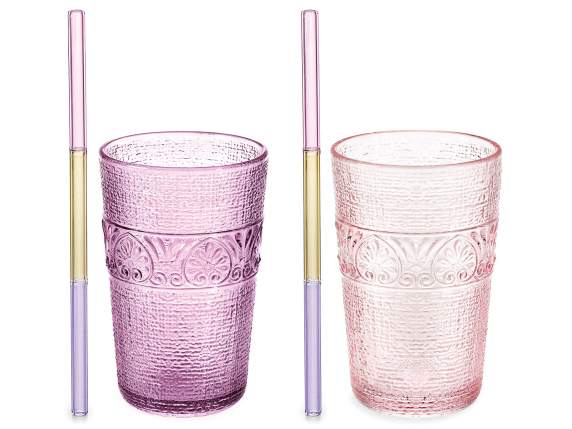 Gobelet en verre coloré et travaillé de 350 ml avec paille