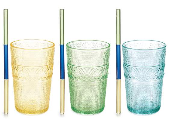 Gobelet en verre coloré et travaillé de 350 ml avec paille