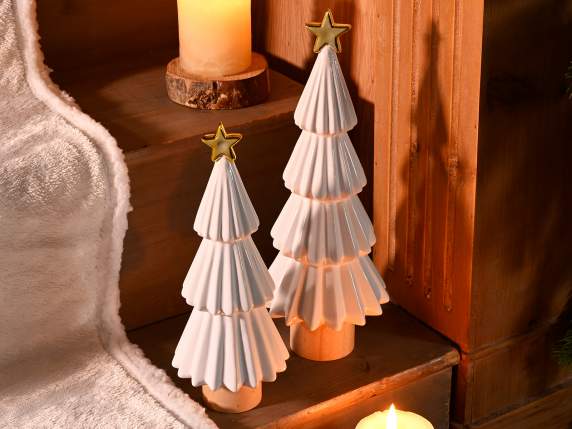 Set of 2 trees in glossy white porcelain with golden star