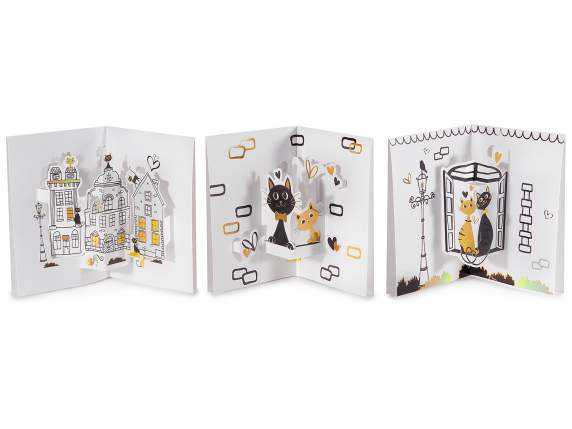 Pop-up greeting card cat with envelope and golden details