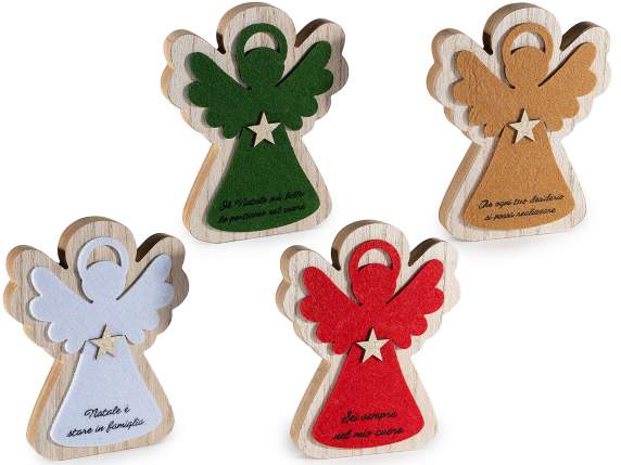 Wooden angels with colorful decorations to place on a table