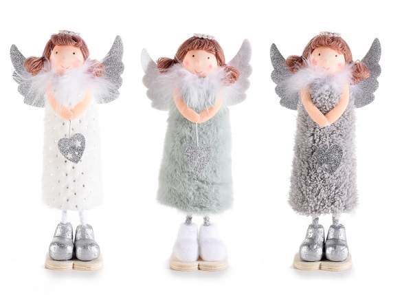 Angel in soft eco-fur with silver wings and heart to place