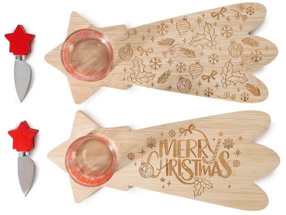 Appetizer set with wooden cutting board, glass cup and knife