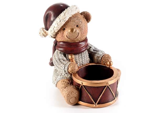 Bear with resin candle holder drum to stand