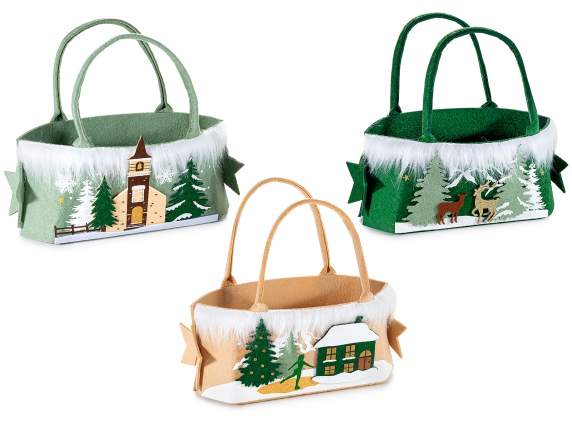 Christmas bag in embossed cloth and soft eco-fur