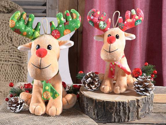 Set of 2 plush reindeer with scarf and decorated antlers, wi