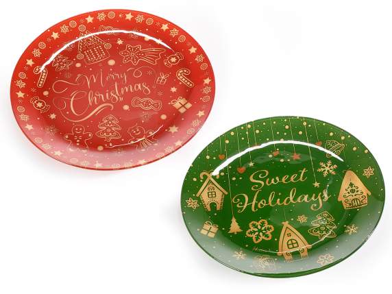 Round glass food plate with Christmas decoration
