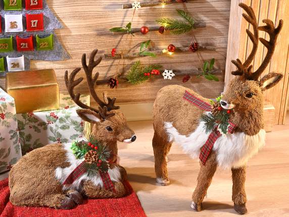 Set of 2 fiber reindeer with bow and decorations