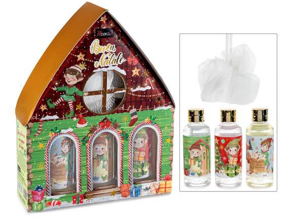 Christmas home gift set with 3 80ml shower gels and sponge