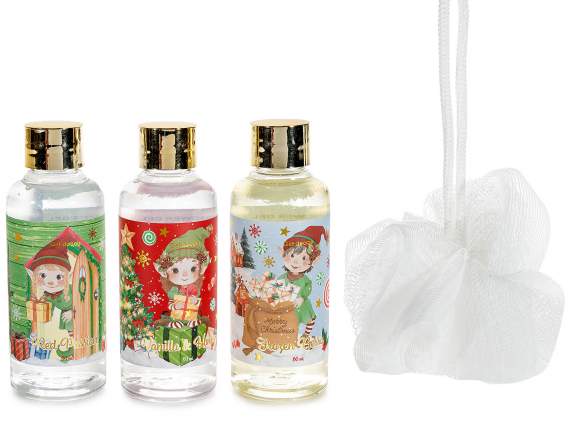 Christmas home gift set with 3 80ml shower gels and sponge