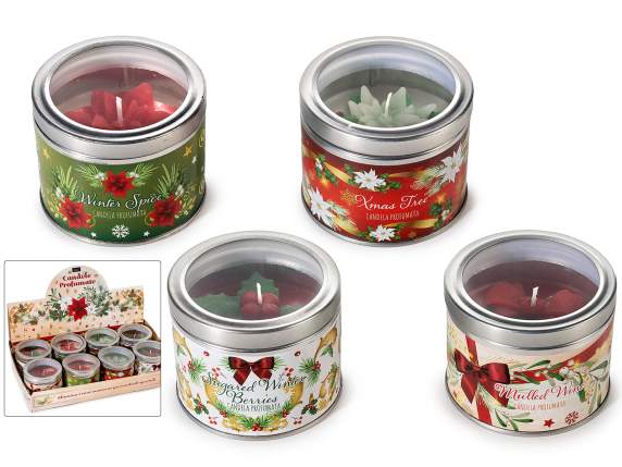 Scented candle with embossed decorations in a metal box