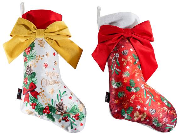 Soft fabric Christmas stocking with velvet bow to hang