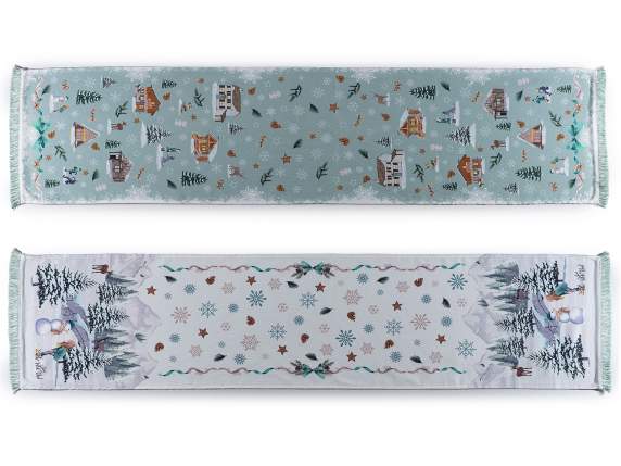 140cm winter print fabric table runner with fringes