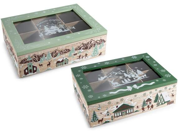6-compartment wooden tea and spice box, snow landscape
