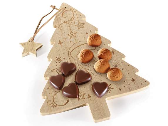 Tree-shaped wooden chopping board with decorations and star
