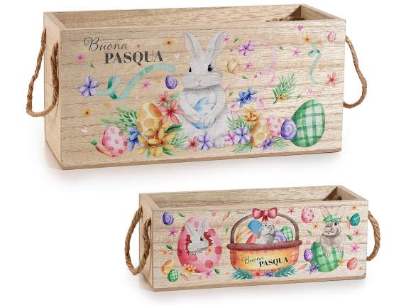 Set of 2 wooden baskets with rope handles and rabbit decorat